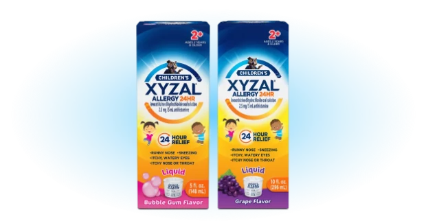 Front of packaging for the XYZAL® products for children: Children's XYZAL® Allergy 24HR in Bubble Gum and Grape flavors.