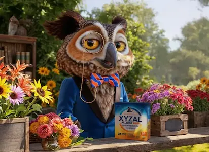Nigel and XYZAL® Allergy 24HR packaging in an outdoor scene surrounded by flowers.