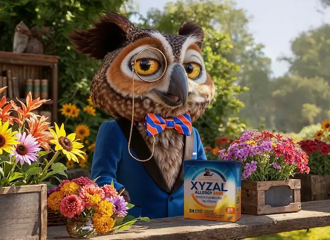 Nigel and XYZAL® Allergy 24HR packaging in an outdoor scene surrounded by flowers.